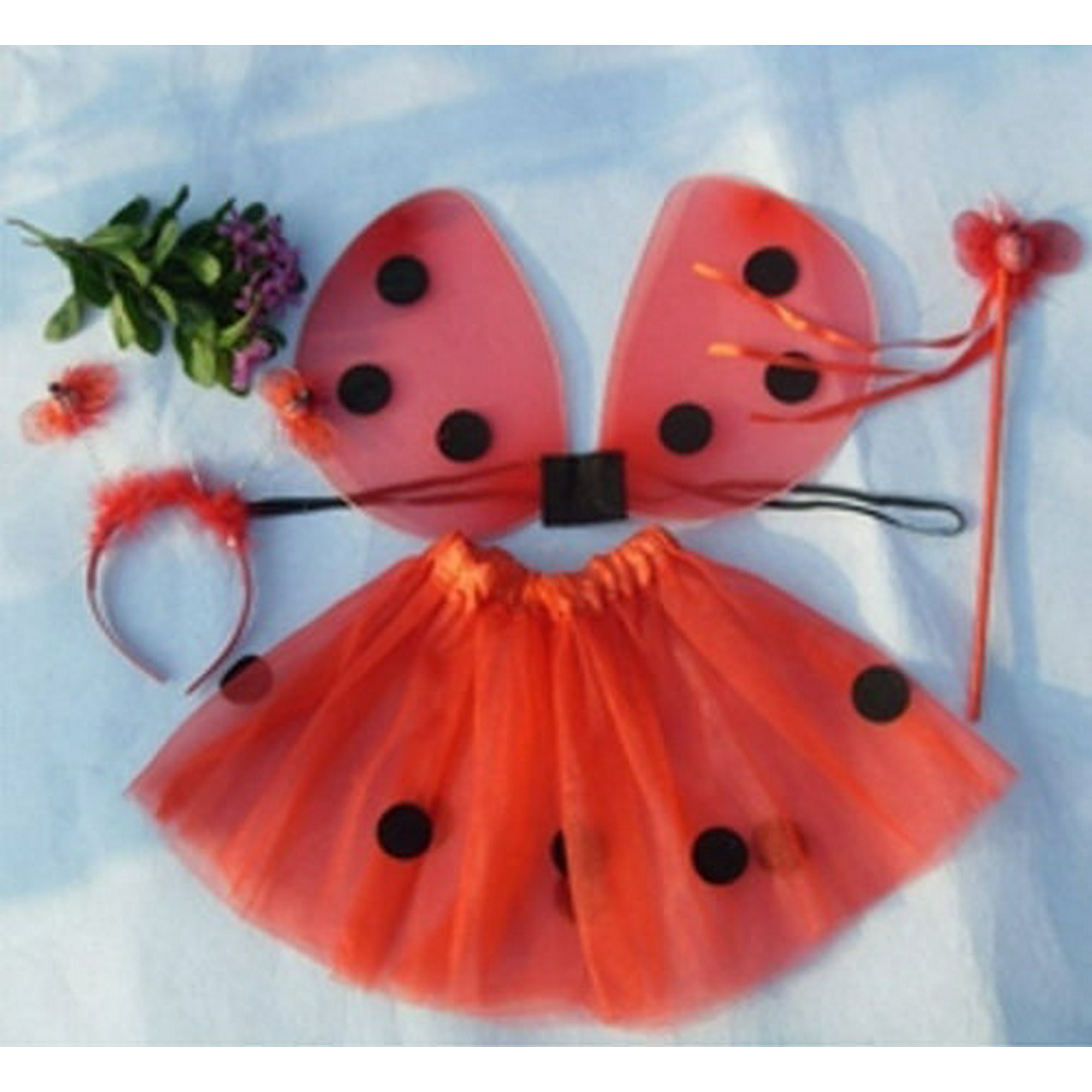 Cute Ladybug 4pc Set Wings,Tutu,Headband,Wand Kids Girls Halloween Costume Red